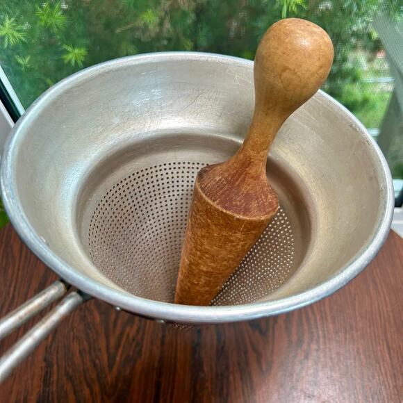 Vintage Aluminum Cone Strainer with Wooden Pestle | Farmhouse Kitchen Décor - Picture 1 of 13